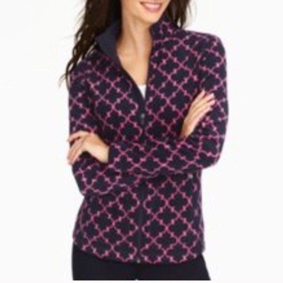 Talbots Trellis Print Full Zip Fleece Jacket/Coat in Navy/Pink Size M Medium - Picture 1 of 6